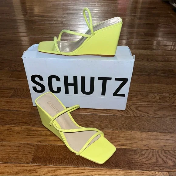 SCHUTZ Kiki Wedge Heel Sandals Green Apple Color Women’s Size 8 Square Toe - Picture 2 of 15